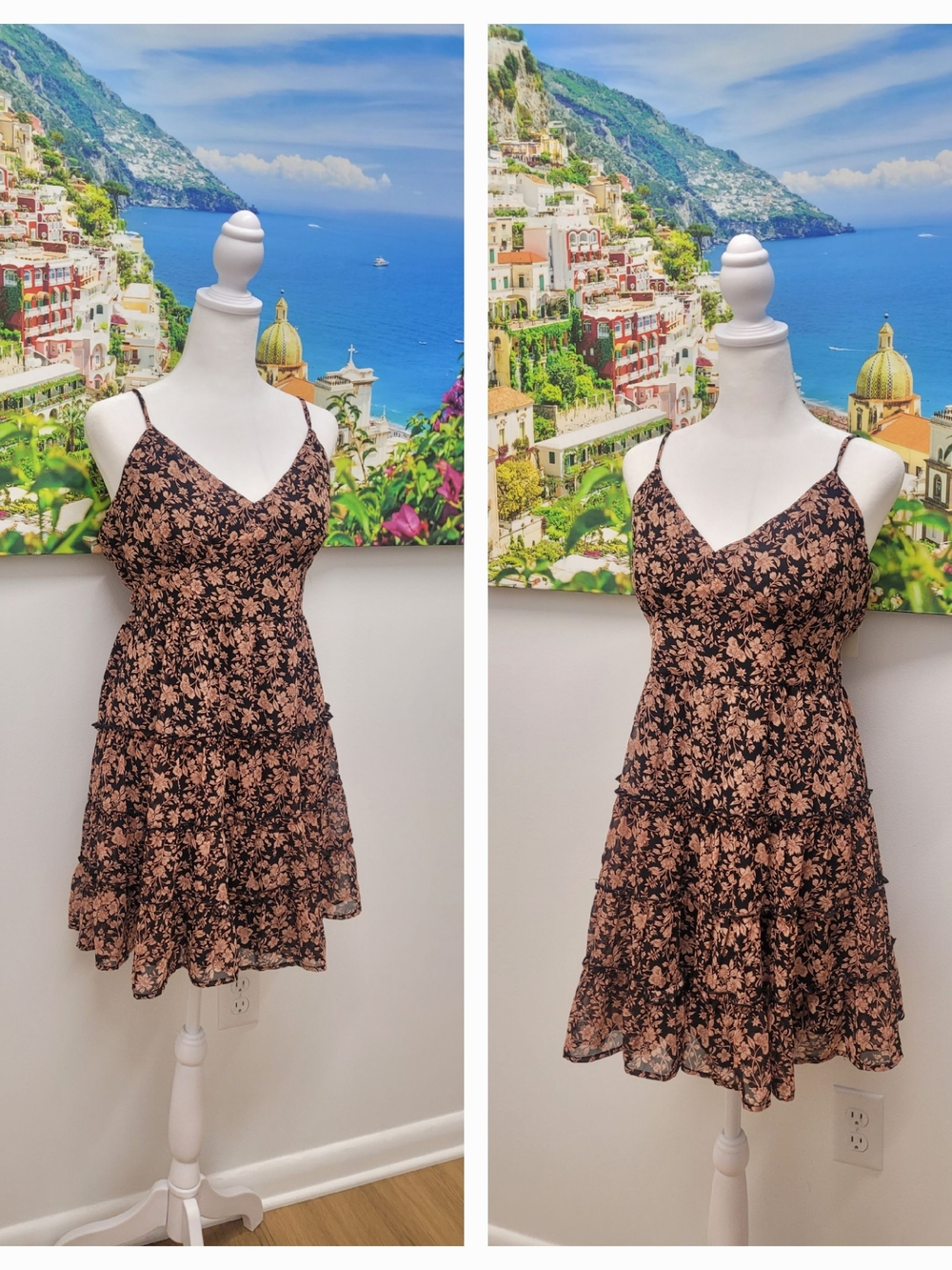 Allison + Kelly Floral V-Neck Spaghetti Strap Dress - Black & Tan